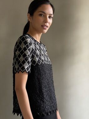 Vtg Mark & John by Gopal Black Silk Hand Beaded Diamond Scalloped Blouse Sz L